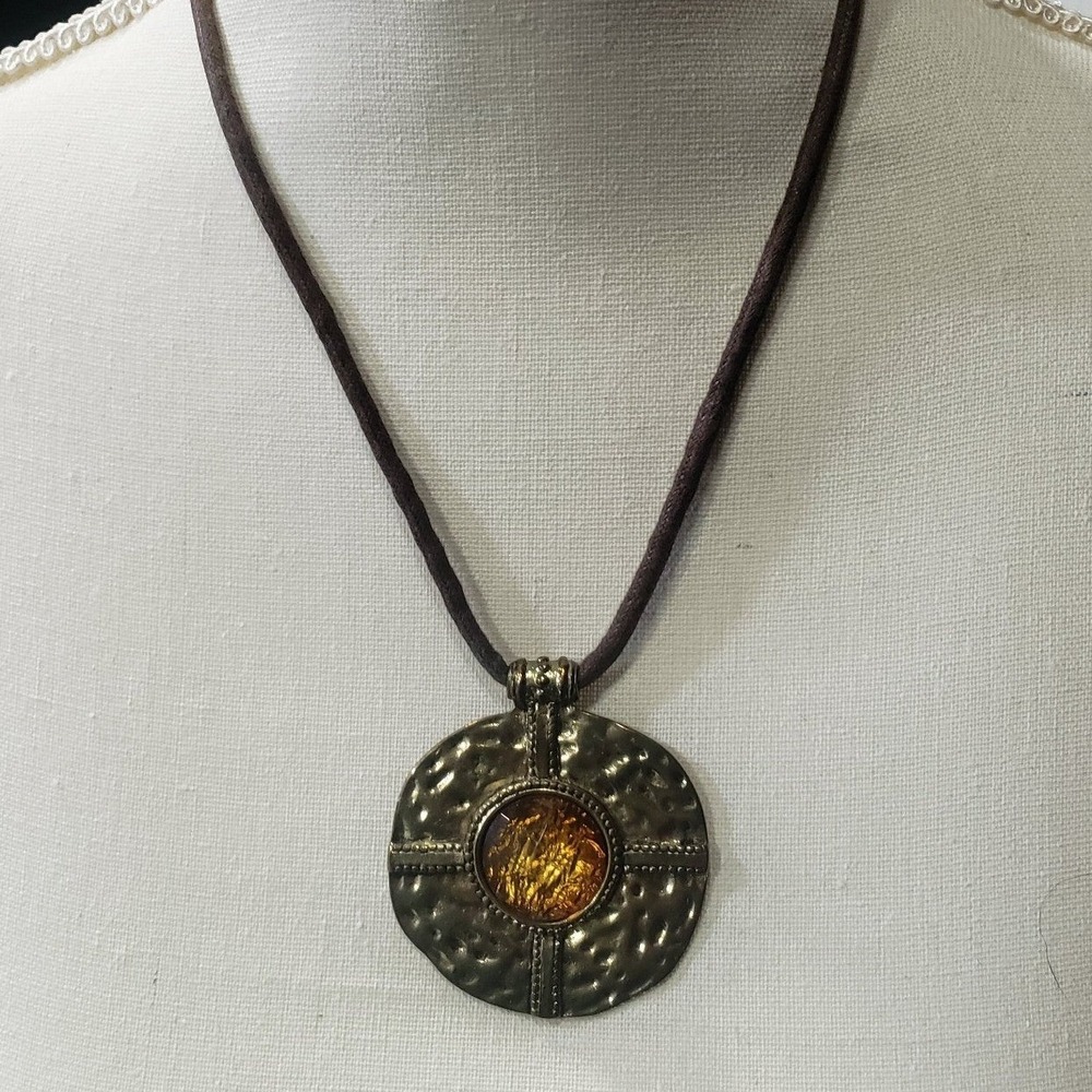 Chico's Metal Medallion Disc Necklace with Yellow Amber Stone Black Cord 16"